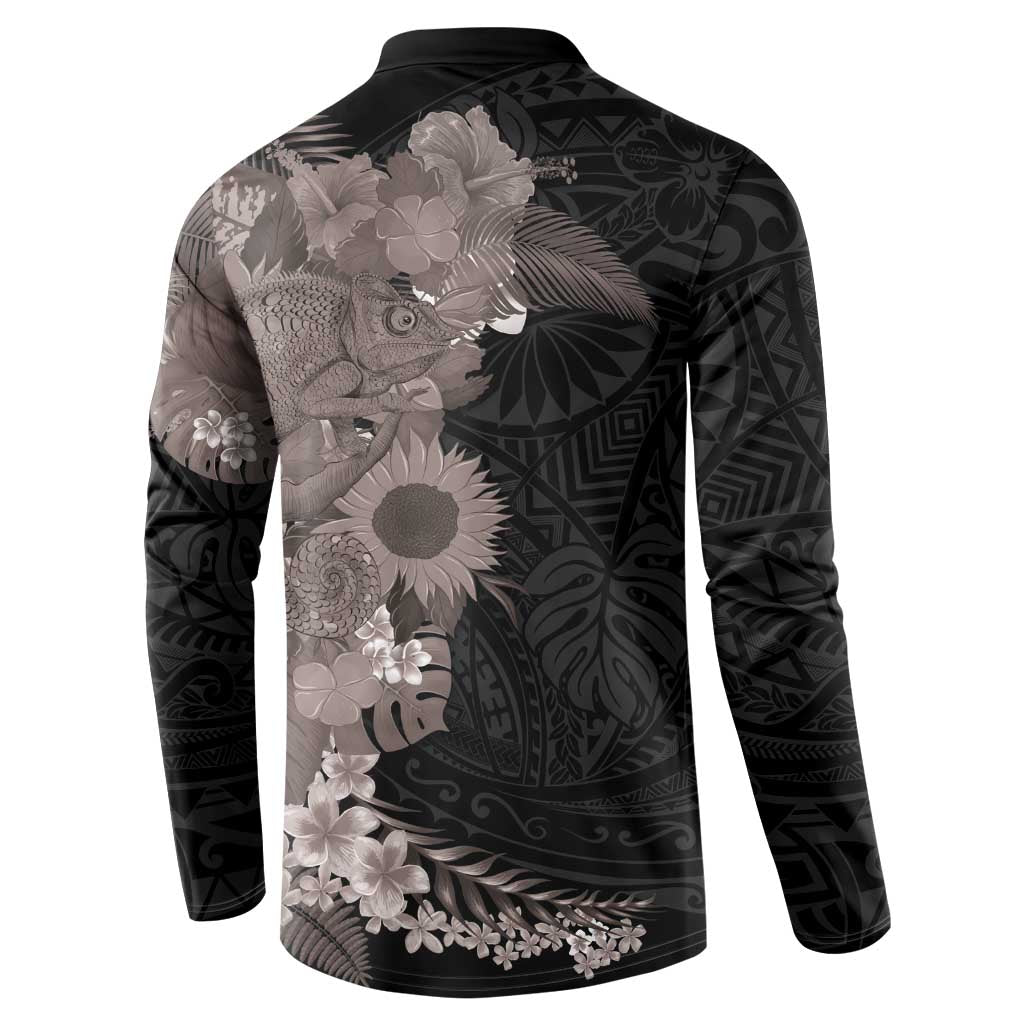 Hawaiian Tropical Plants and Chameleon Button Sweatshirt Polynesian Art Grayscale - Polynesian Pride