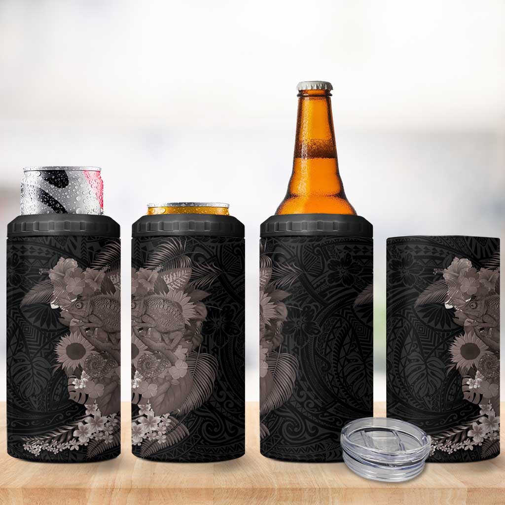 Hawaiian Tropical Plants and Chameleon 4 in 1 Can Cooler Tumbler Polynesian Art Grayscale - Polynesian Pride