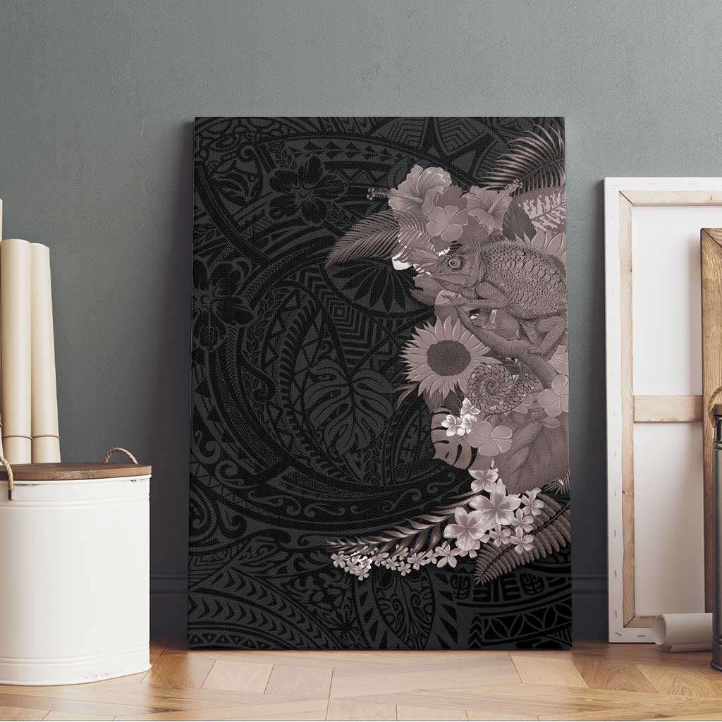 Hawaiian Tropical Plants and Chameleon Canvas Wall Art Polynesian Art Grayscale - Polynesian Pride