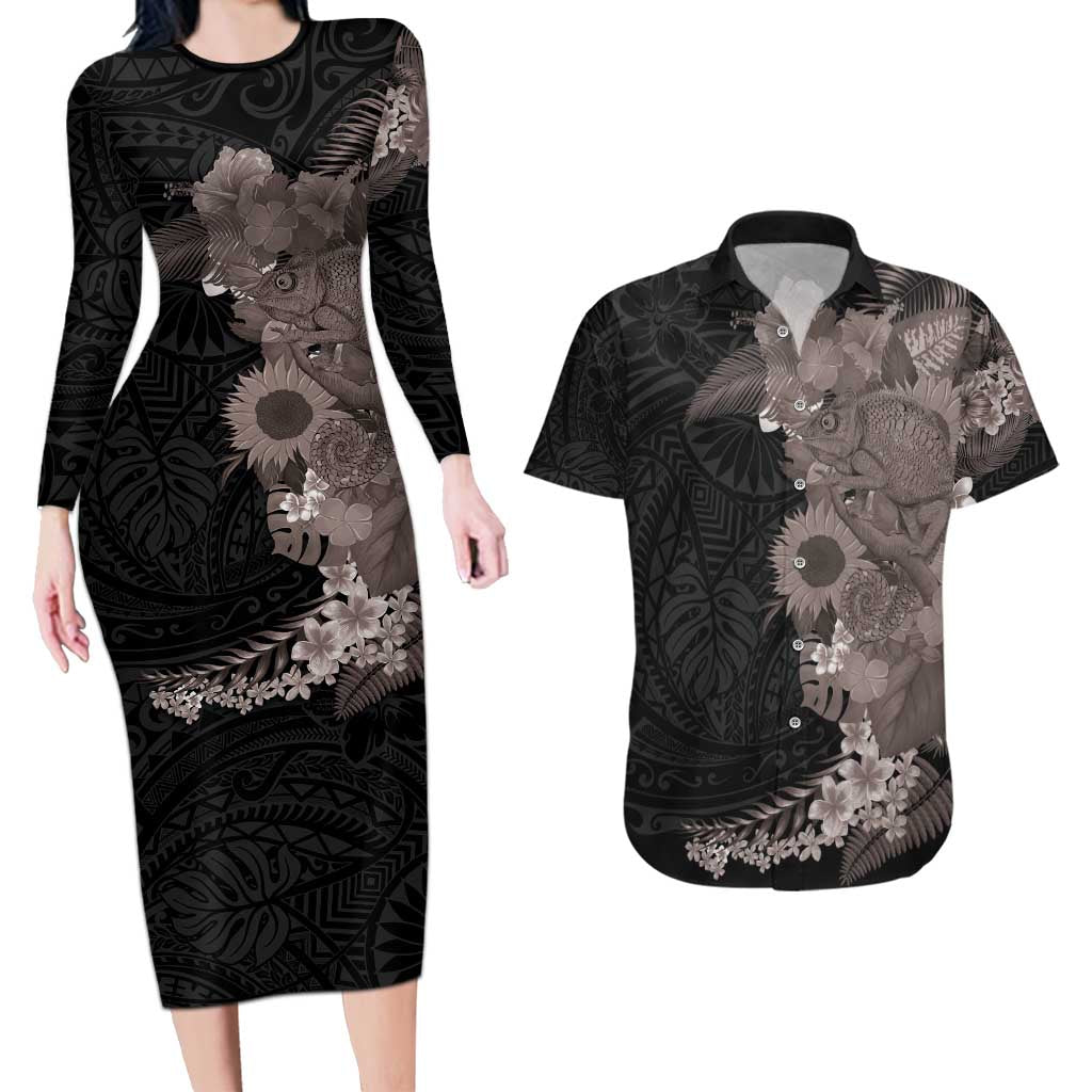 Hawaiian Tropical Plants and Chameleon Couples Matching Long Sleeve Bodycon Dress and Hawaiian Shirt Polynesian Art Grayscale - Polynesian Pride