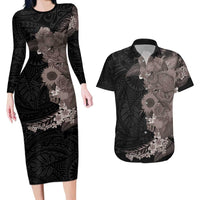 Hawaiian Tropical Plants and Chameleon Couples Matching Long Sleeve Bodycon Dress and Hawaiian Shirt Polynesian Art Grayscale - Polynesian Pride
