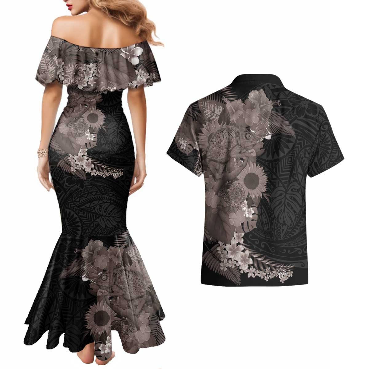 Hawaiian Tropical Plants and Chameleon Couples Matching Mermaid Dress and Hawaiian Shirt Polynesian Art Grayscale - Polynesian Pride
