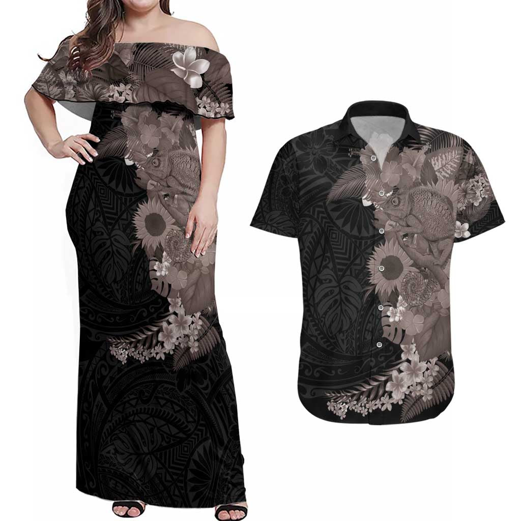 Hawaiian Tropical Plants and Chameleon Couples Matching Off Shoulder Maxi Dress and Hawaiian Shirt Polynesian Art Grayscale - Polynesian Pride