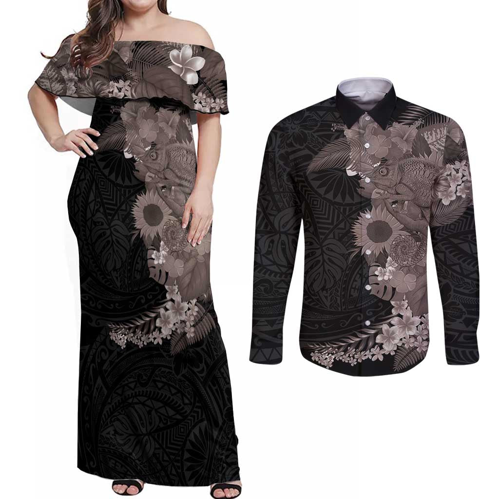 Hawaiian Tropical Plants and Chameleon Couples Matching Off Shoulder Maxi Dress and Long Sleeve Button Shirt Polynesian Art Grayscale - Polynesian Pride