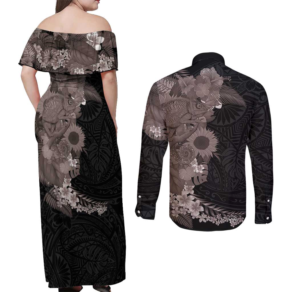 Hawaiian Tropical Plants and Chameleon Couples Matching Off Shoulder Maxi Dress and Long Sleeve Button Shirt Polynesian Art Grayscale - Polynesian Pride