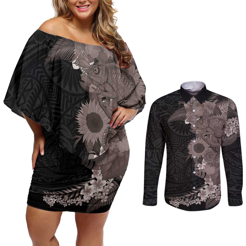Hawaiian Tropical Plants and Chameleon Couples Matching Off Shoulder Short Dress and Long Sleeve Button Shirt Polynesian Art Grayscale - Polynesian Pride