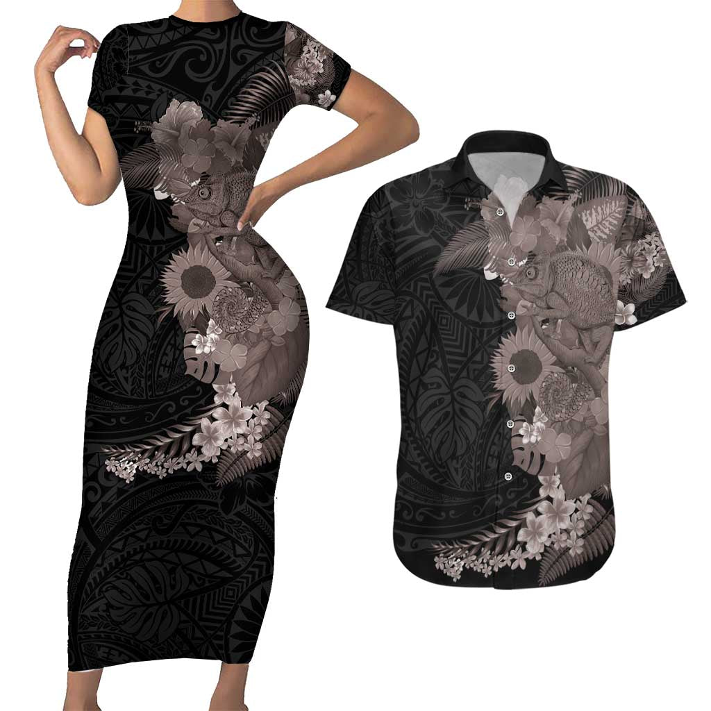 Hawaiian Tropical Plants and Chameleon Couples Matching Short Sleeve Bodycon Dress and Hawaiian Shirt Polynesian Art Grayscale - Polynesian Pride