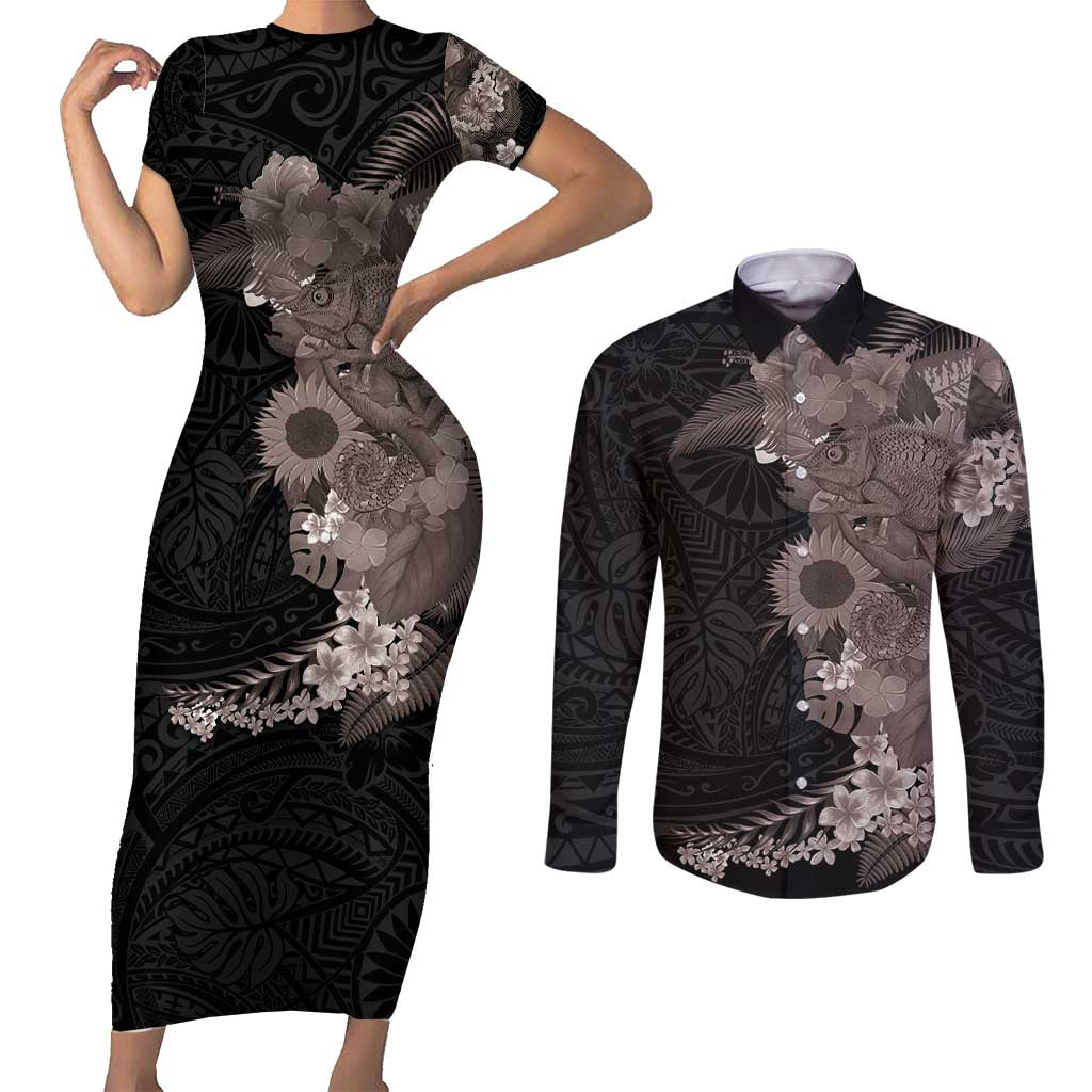 Hawaiian Tropical Plants and Chameleon Couples Matching Short Sleeve Bodycon Dress and Long Sleeve Button Shirt Polynesian Art Grayscale - Polynesian Pride