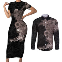 Hawaiian Tropical Plants and Chameleon Couples Matching Short Sleeve Bodycon Dress and Long Sleeve Button Shirt Polynesian Art Grayscale - Polynesian Pride