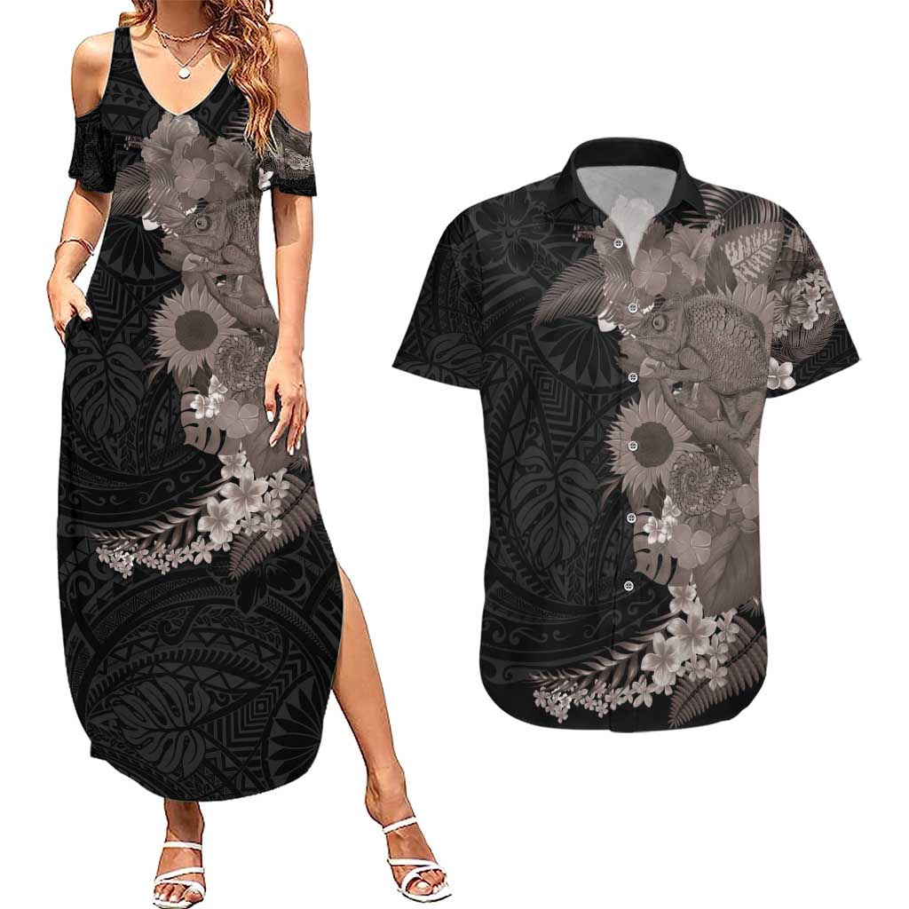 Hawaiian Tropical Plants and Chameleon Couples Matching Summer Maxi Dress and Hawaiian Shirt Polynesian Art Grayscale - Polynesian Pride