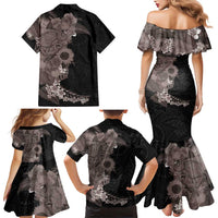 Hawaiian Tropical Plants and Chameleon Family Matching Mermaid Dress and Hawaiian Shirt Polynesian Art Grayscale - Polynesian Pride