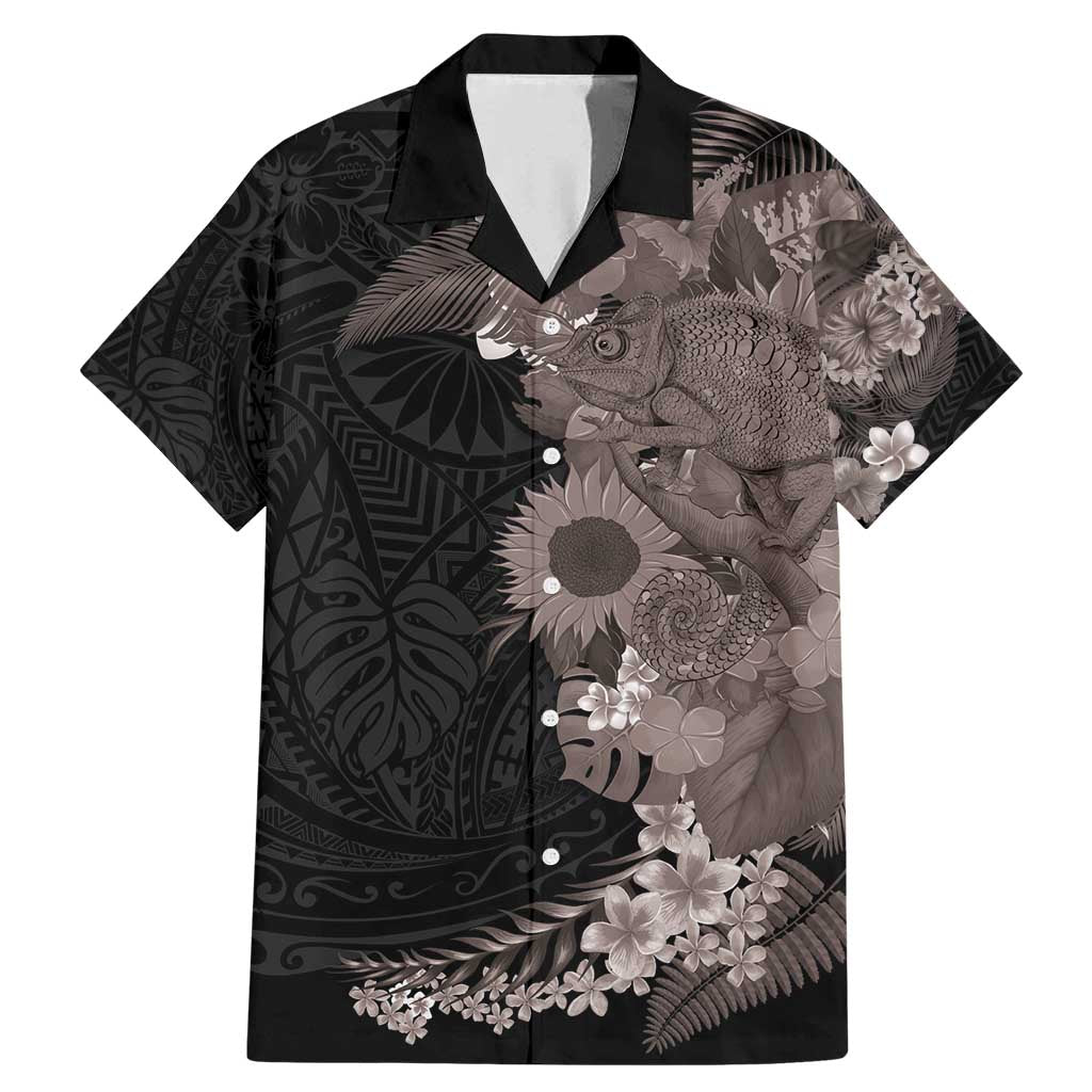 Hawaiian Tropical Plants and Chameleon Family Matching Mermaid Dress and Hawaiian Shirt Polynesian Art Grayscale - Polynesian Pride