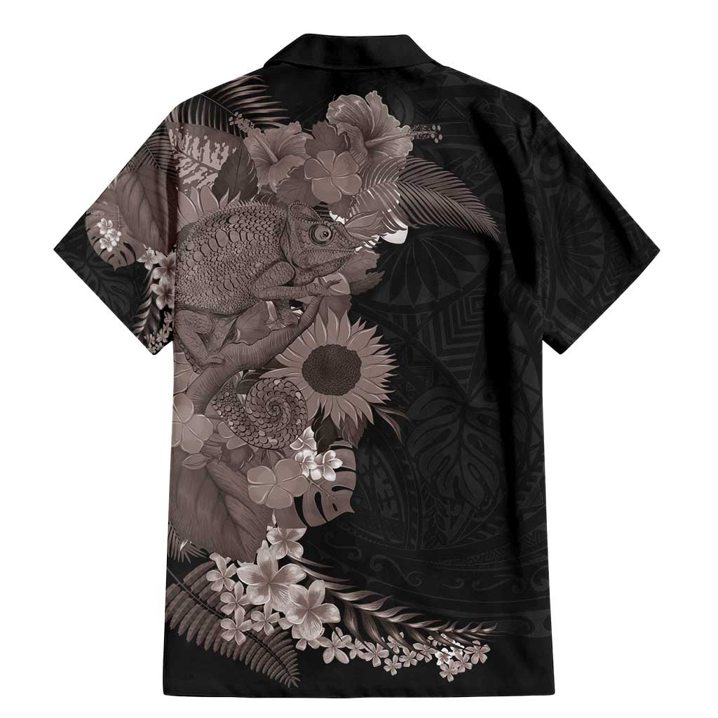 Hawaiian Tropical Plants and Chameleon Family Matching Mermaid Dress and Hawaiian Shirt Polynesian Art Grayscale - Polynesian Pride