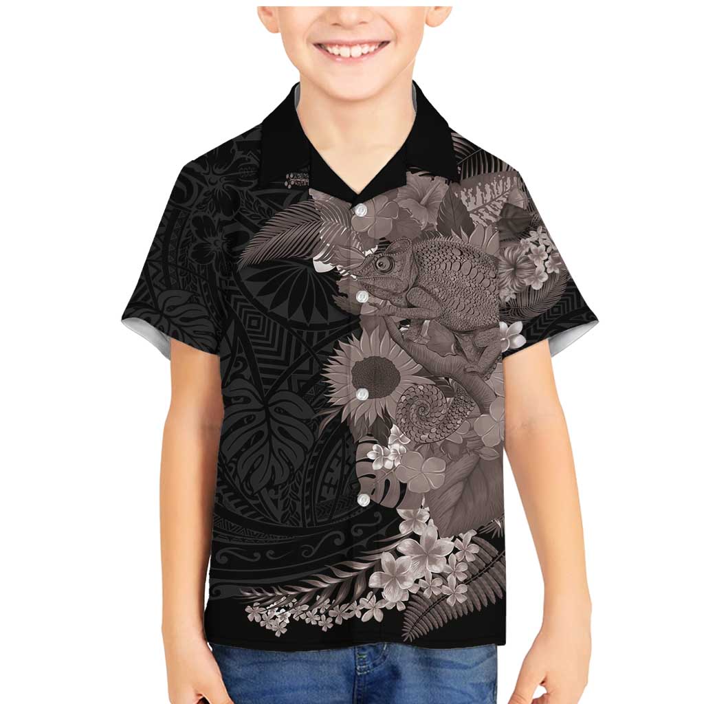 Hawaiian Tropical Plants and Chameleon Family Matching Mermaid Dress and Hawaiian Shirt Polynesian Art Grayscale - Polynesian Pride