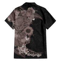 Hawaiian Tropical Plants and Chameleon Family Matching Off The Shoulder Long Sleeve Dress and Hawaiian Shirt Polynesian Art Grayscale - Polynesian Pride