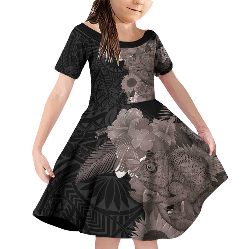 Hawaiian Tropical Plants and Chameleon Family Matching Off Shoulder Short Dress and Hawaiian Shirt Polynesian Art Grayscale - Polynesian Pride