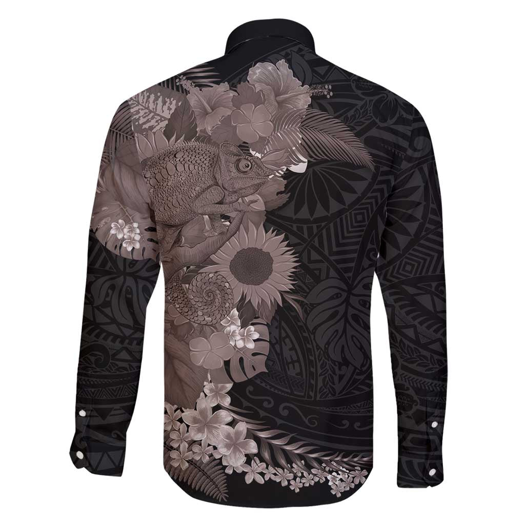 Hawaiian Tropical Plants and Chameleon Family Matching Off Shoulder Short Dress and Hawaiian Shirt Polynesian Art Grayscale - Polynesian Pride