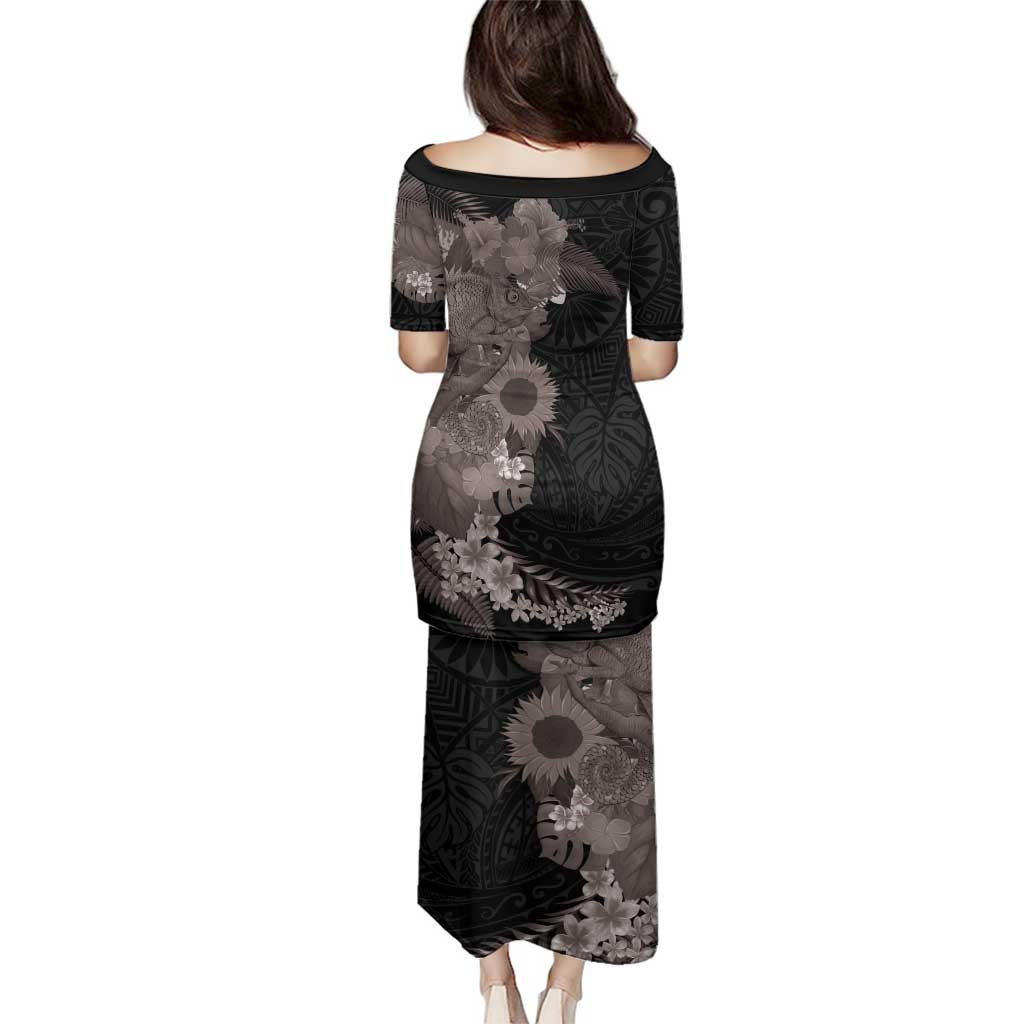 Hawaiian Tropical Plants and Chameleon Family Matching Puletasi and Hawaiian Shirt Polynesian Art Grayscale - Polynesian Pride