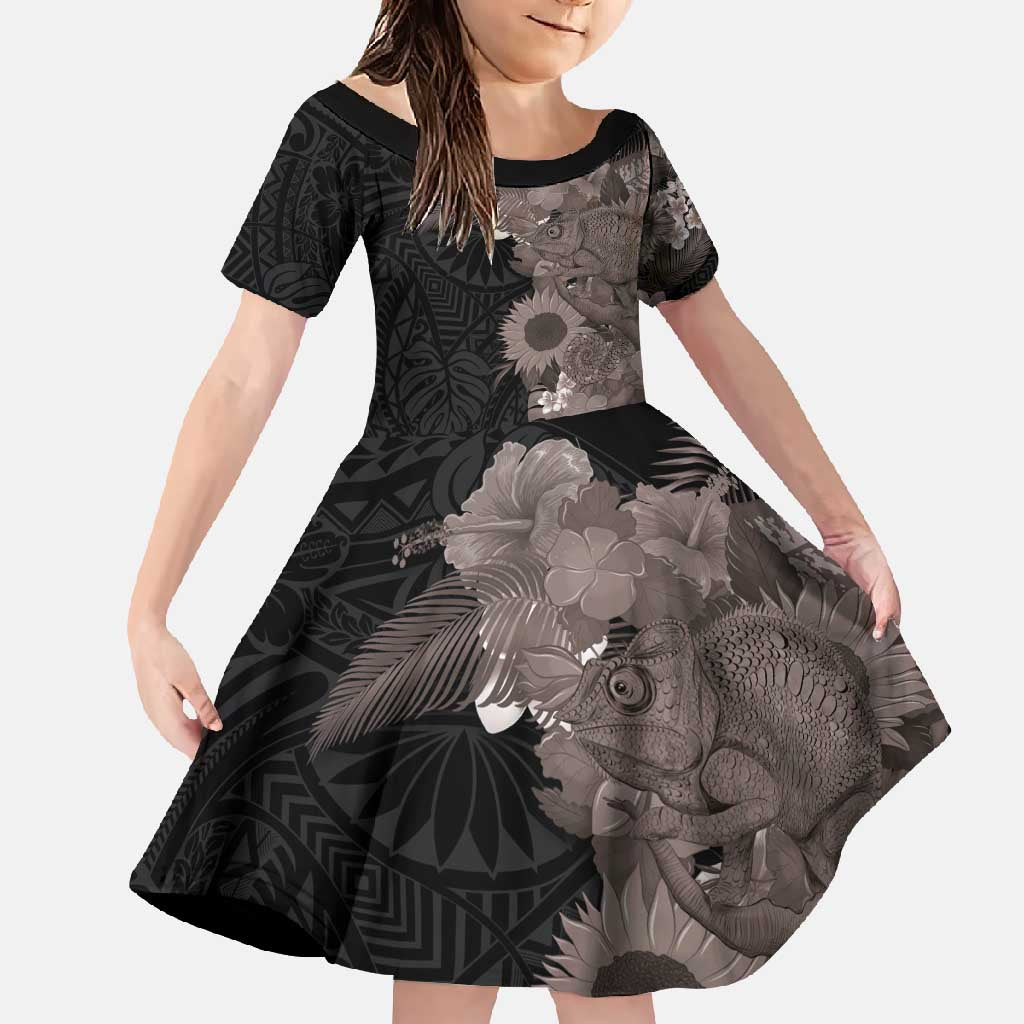 Hawaiian Tropical Plants and Chameleon Family Matching Short Sleeve Bodycon Dress and Hawaiian Shirt Polynesian Art Grayscale - Polynesian Pride