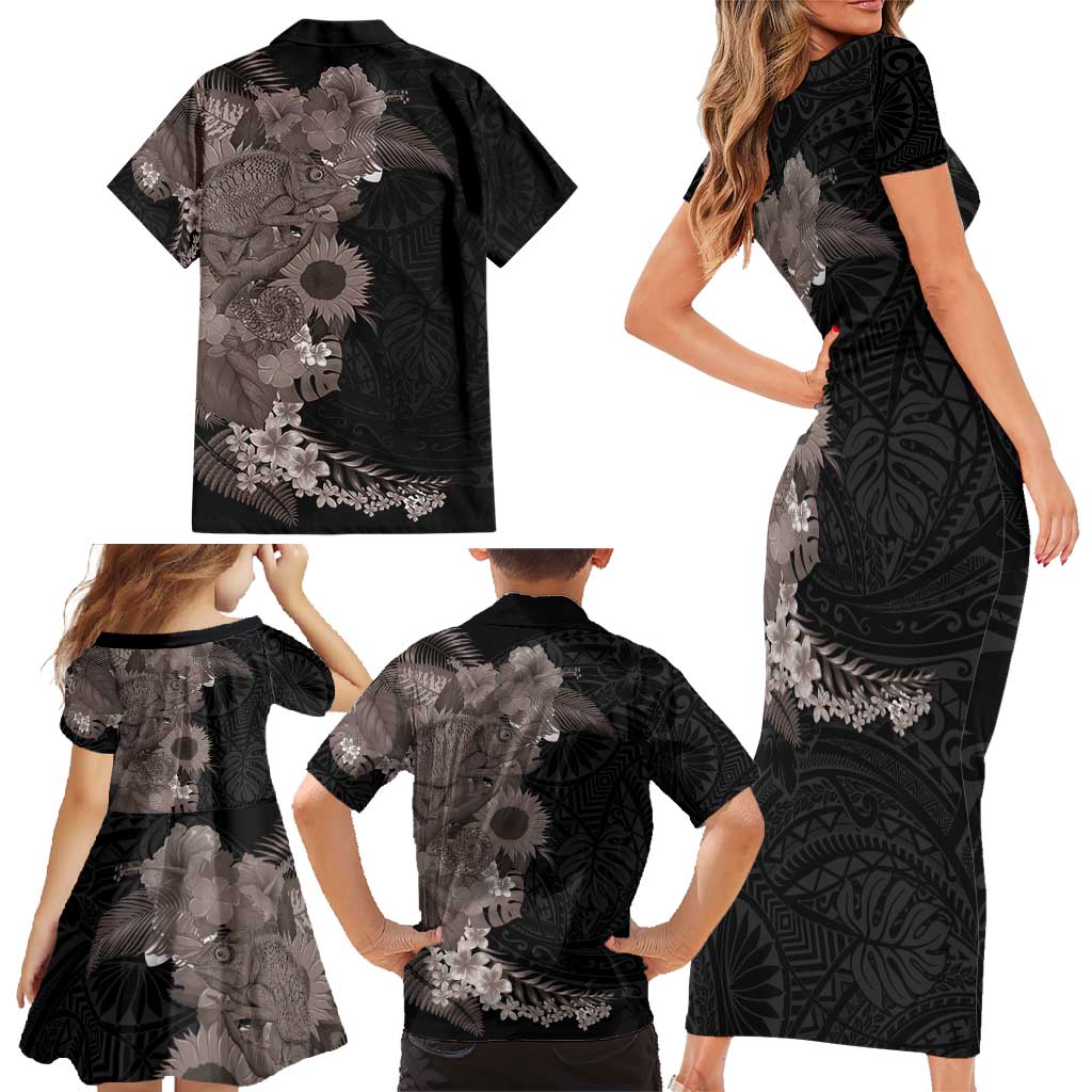Hawaiian Tropical Plants and Chameleon Family Matching Short Sleeve Bodycon Dress and Hawaiian Shirt Polynesian Art Grayscale - Polynesian Pride