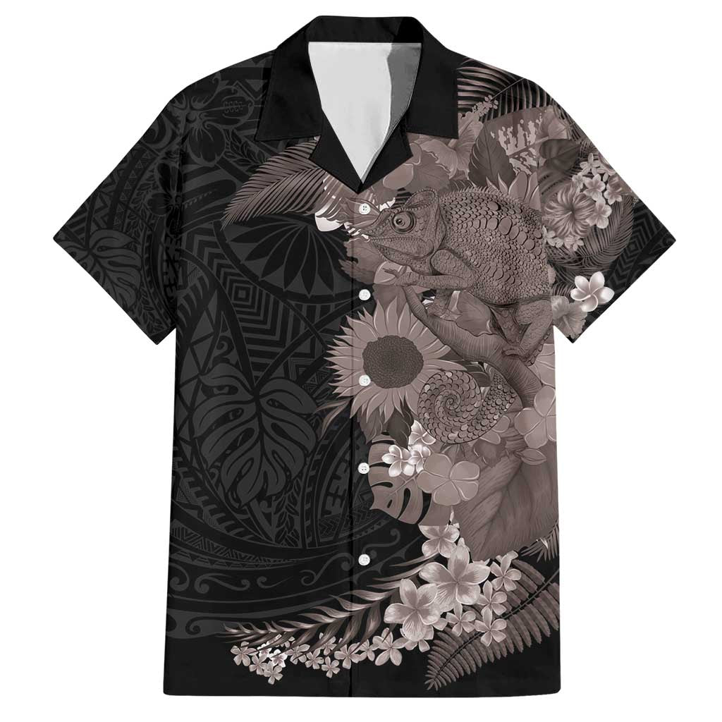 Hawaiian Tropical Plants and Chameleon Family Matching Short Sleeve Bodycon Dress and Hawaiian Shirt Polynesian Art Grayscale - Polynesian Pride