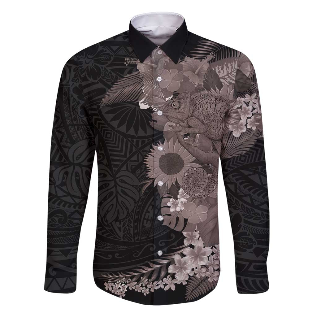 Hawaiian Tropical Plants and Chameleon Family Matching Short Sleeve Bodycon Dress and Hawaiian Shirt Polynesian Art Grayscale - Polynesian Pride