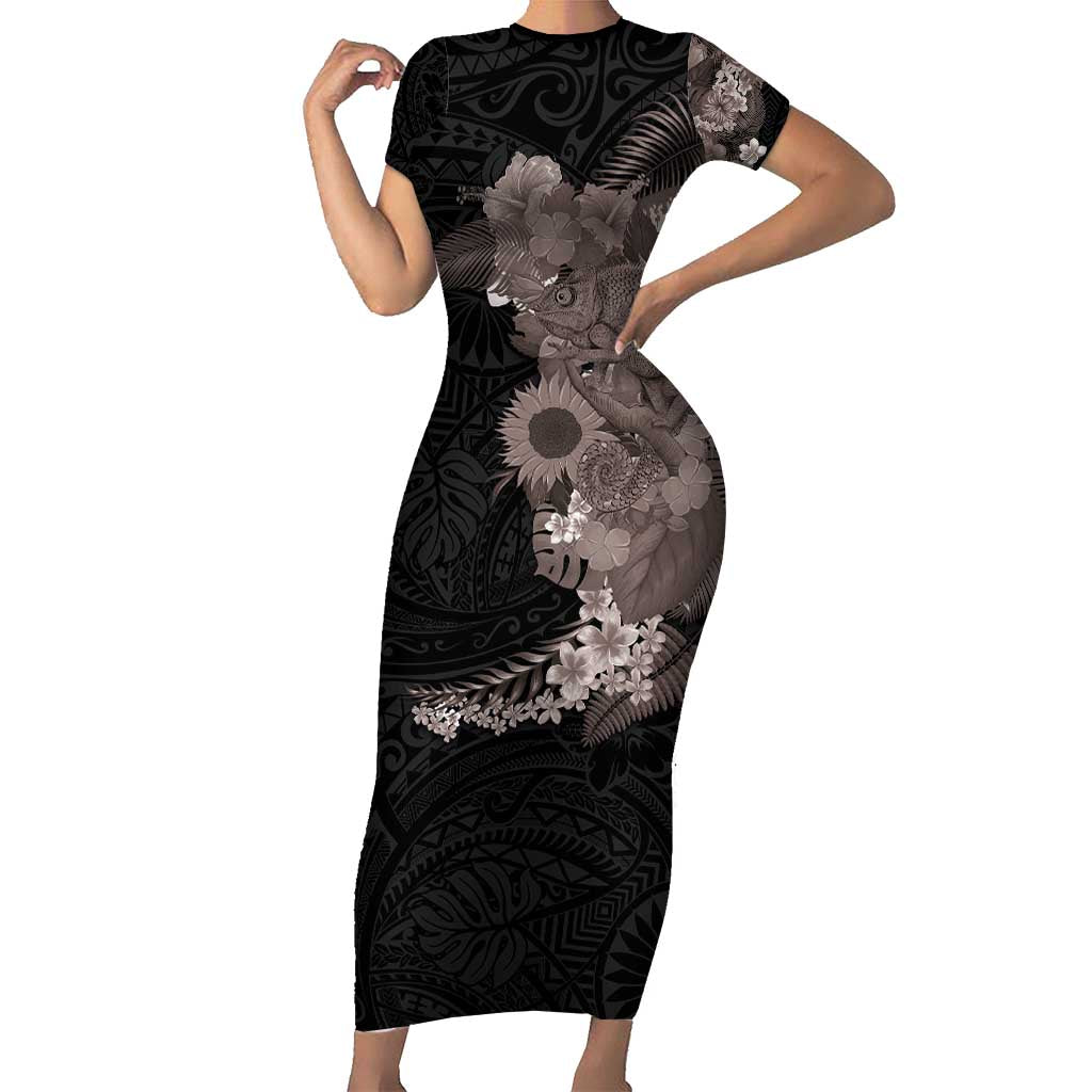 Hawaiian Tropical Plants and Chameleon Family Matching Short Sleeve Bodycon Dress and Hawaiian Shirt Polynesian Art Grayscale - Polynesian Pride