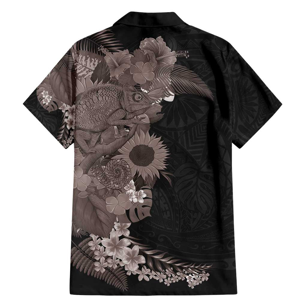 Hawaiian Tropical Plants and Chameleon Family Matching Summer Maxi Dress and Hawaiian Shirt Polynesian Art Grayscale - Polynesian Pride