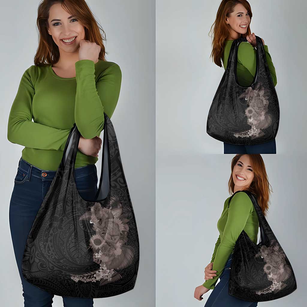 Hawaiian Tropical Plants and Chameleon Grocery Bag Polynesian Art Grayscale - Polynesian Pride