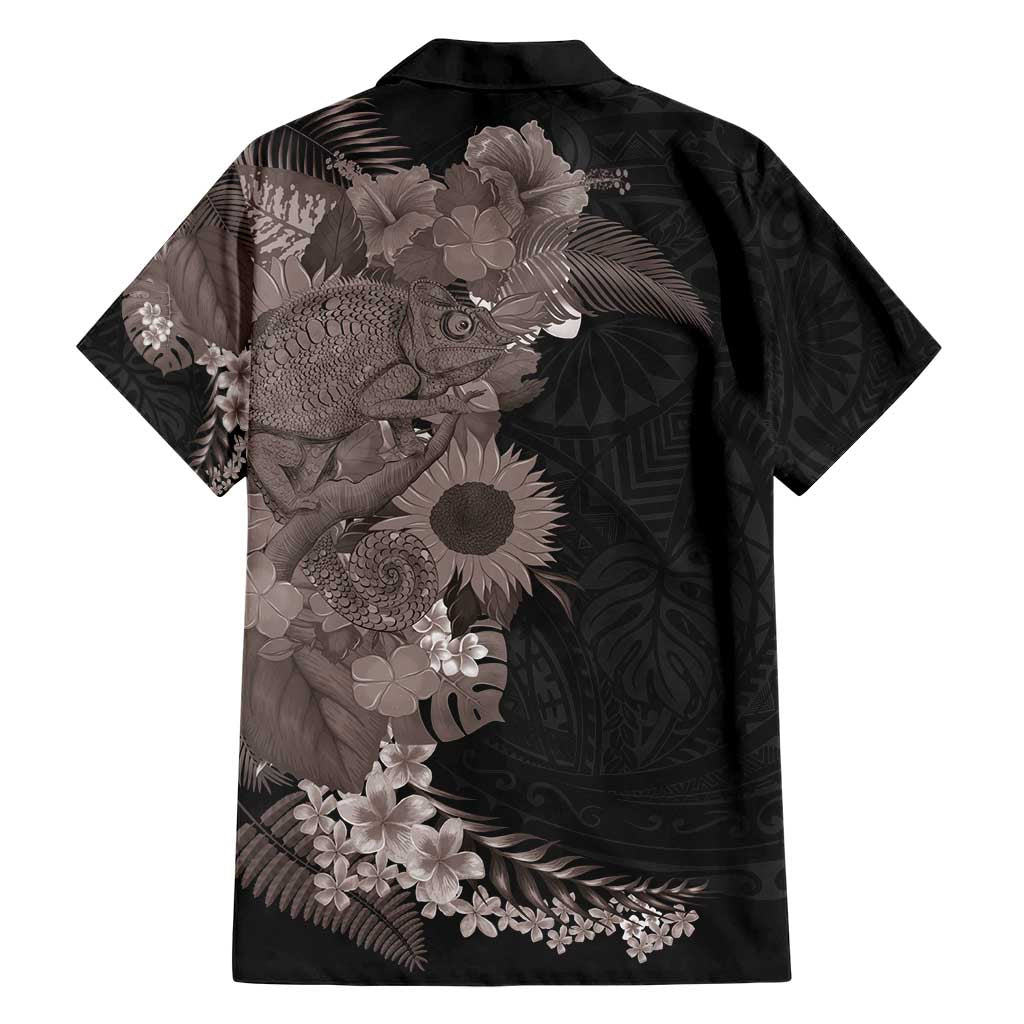 Hawaiian Tropical Plants and Chameleon Hawaiian Shirt Polynesian Art Grayscale - Polynesian Pride