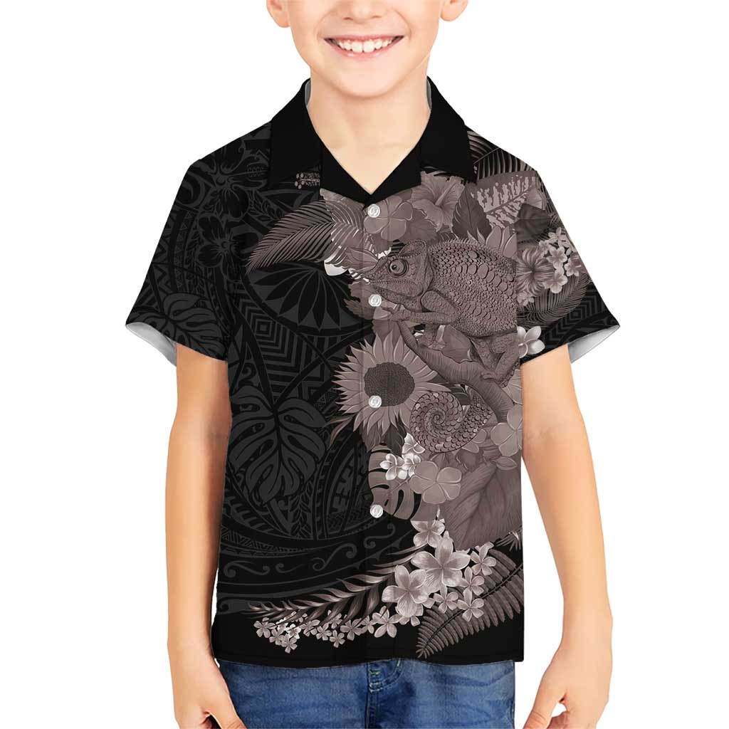 Hawaiian Tropical Plants and Chameleon Kid Hawaiian Shirt Polynesian Art Grayscale LT03 Kid Black - Polynesian Pride