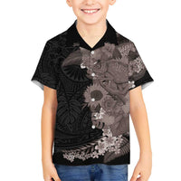 Hawaiian Tropical Plants and Chameleon Kid Hawaiian Shirt Polynesian Art Grayscale LT03 Kid Black - Polynesian Pride