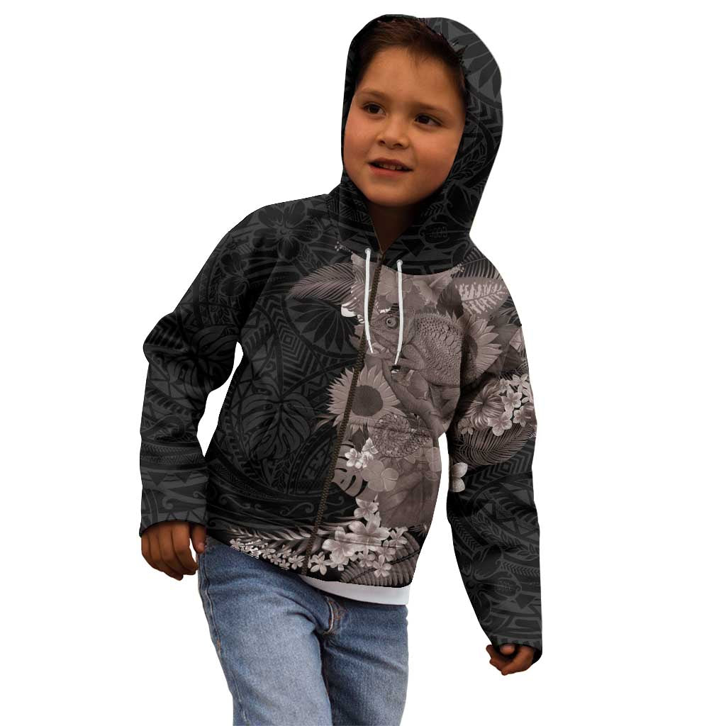 Hawaiian Tropical Plants and Chameleon Kid Hoodie Polynesian Art Grayscale - Polynesian Pride