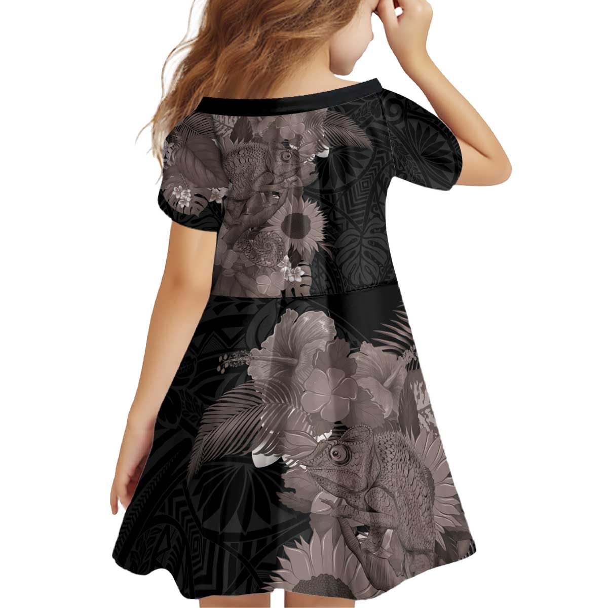 Hawaiian Tropical Plants and Chameleon Kid Short Sleeve Dress Polynesian Art Grayscale - Polynesian Pride