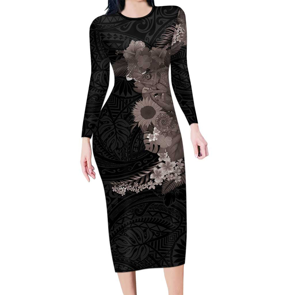 Hawaiian Tropical Plants and Chameleon Long Sleeve Bodycon Dress Polynesian Art Grayscale - Polynesian Pride