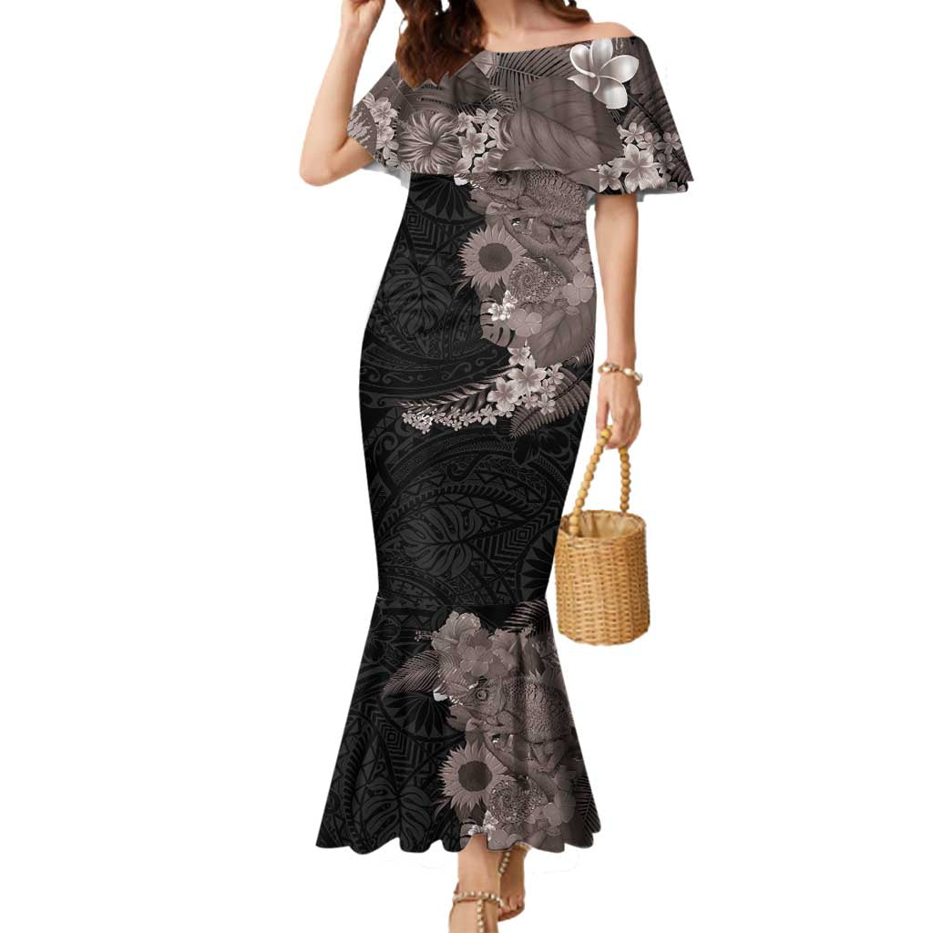 Hawaiian Tropical Plants and Chameleon Mermaid Dress Polynesian Art Grayscale LT03 Women Black - Polynesian Pride