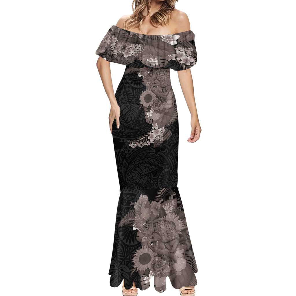 Hawaiian Tropical Plants and Chameleon Mermaid Dress Polynesian Art Grayscale LT03 - Polynesian Pride