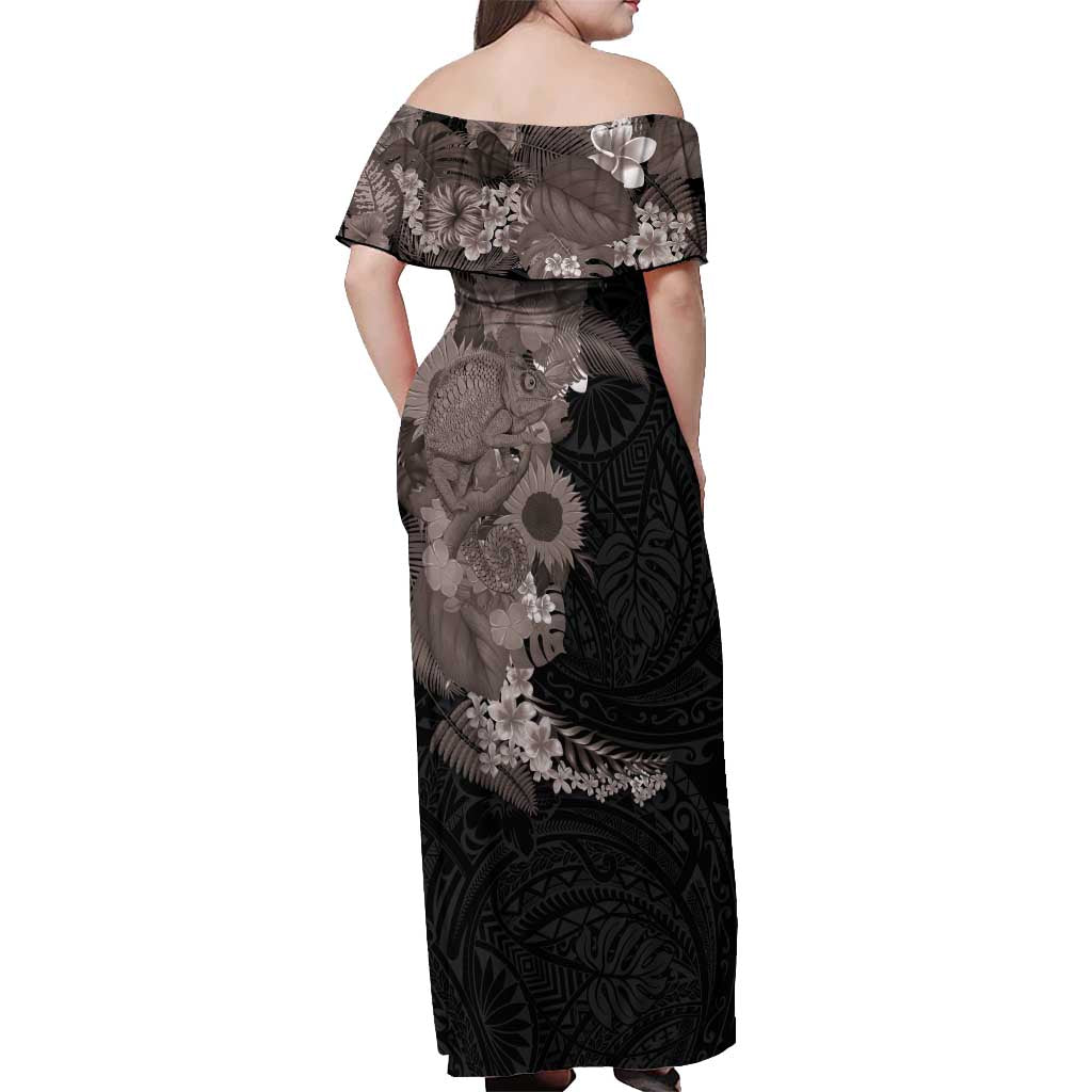Hawaiian Tropical Plants and Chameleon Off Shoulder Maxi Dress Polynesian Art Grayscale LT03 - Polynesian Pride