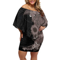 Hawaiian Tropical Plants and Chameleon Off Shoulder Short Dress Polynesian Art Grayscale - Polynesian Pride