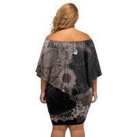 Hawaiian Tropical Plants and Chameleon Off Shoulder Short Dress Polynesian Art Grayscale - Polynesian Pride