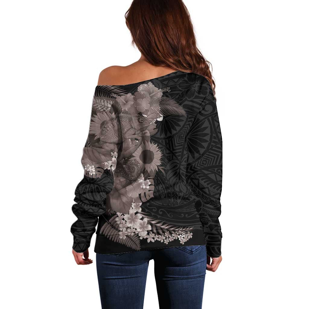 Hawaiian Tropical Plants and Chameleon Off Shoulder Sweater Polynesian Art Grayscale - Polynesian Pride