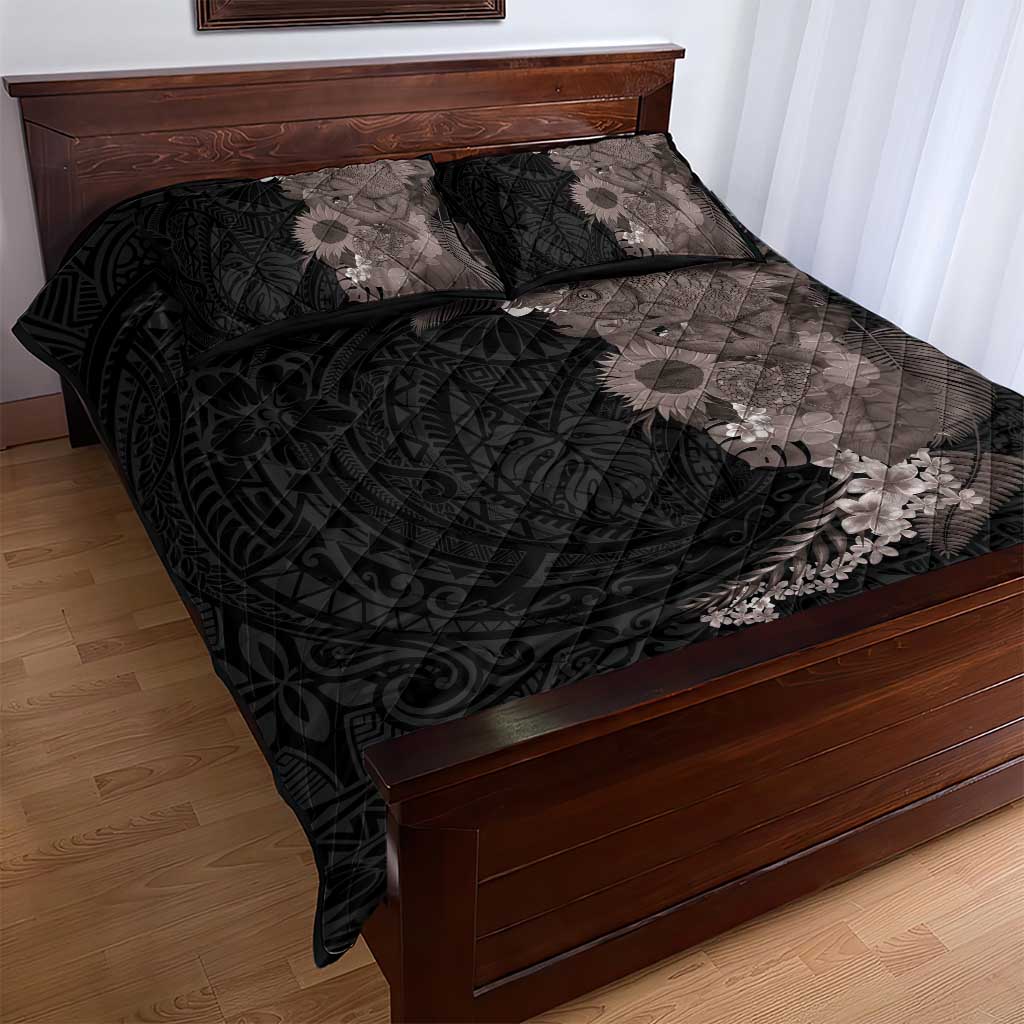 Hawaiian Tropical Plants and Chameleon Quilt Bed Set Polynesian Art Grayscale - Polynesian Pride