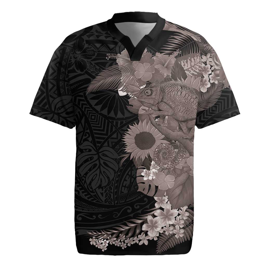 Hawaiian Tropical Plants and Chameleon Rugby Jersey Polynesian Art Grayscale - Polynesian Pride