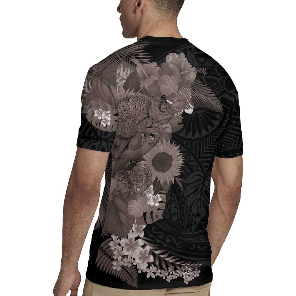 Hawaiian Tropical Plants and Chameleon Rugby Jersey Polynesian Art Grayscale - Polynesian Pride