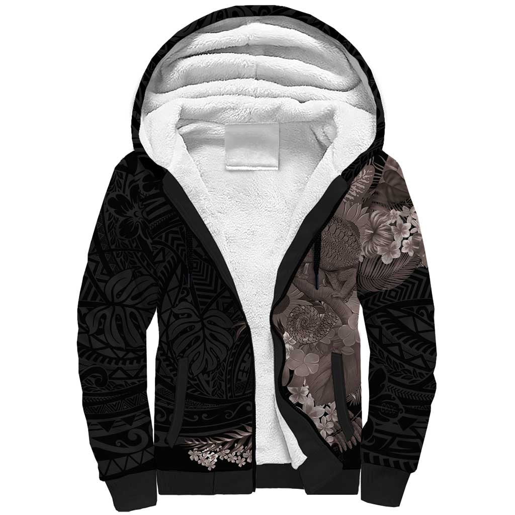 Hawaiian Tropical Plants and Chameleon Sherpa Hoodie Polynesian Art Grayscale - Polynesian Pride