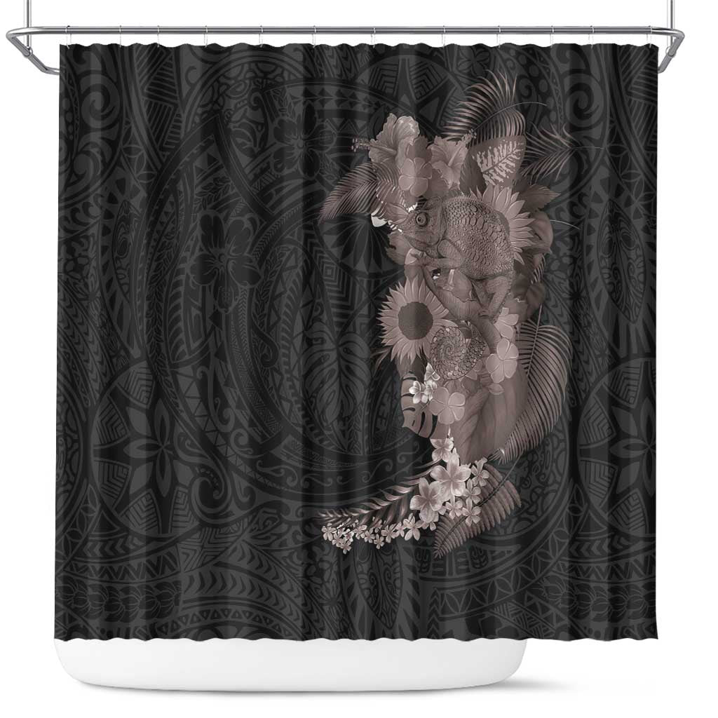 Hawaiian Tropical Plants and Chameleon Shower Curtain Polynesian Art Grayscale - Polynesian Pride