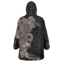 Hawaiian Tropical Plants and Chameleon Wearable Blanket Hoodie Polynesian Art Grayscale - Polynesian Pride