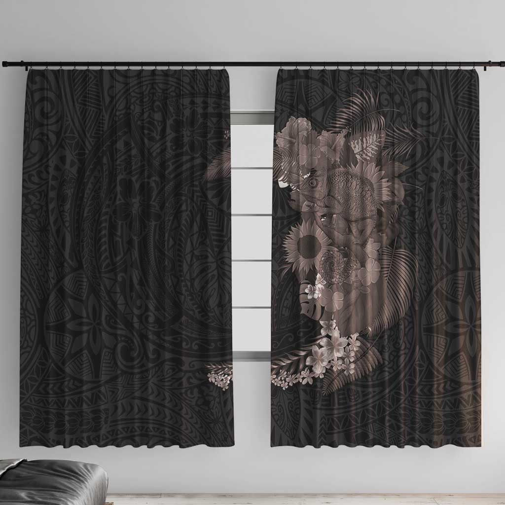 Hawaiian Tropical Plants and Chameleon Window Curtain Polynesian Art Grayscale - Polynesian Pride