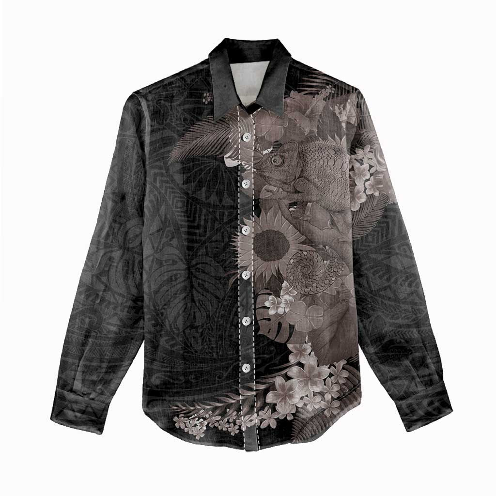 Hawaiian Tropical Plants and Chameleon Women Casual Shirt Polynesian Art Grayscale - Polynesian Pride