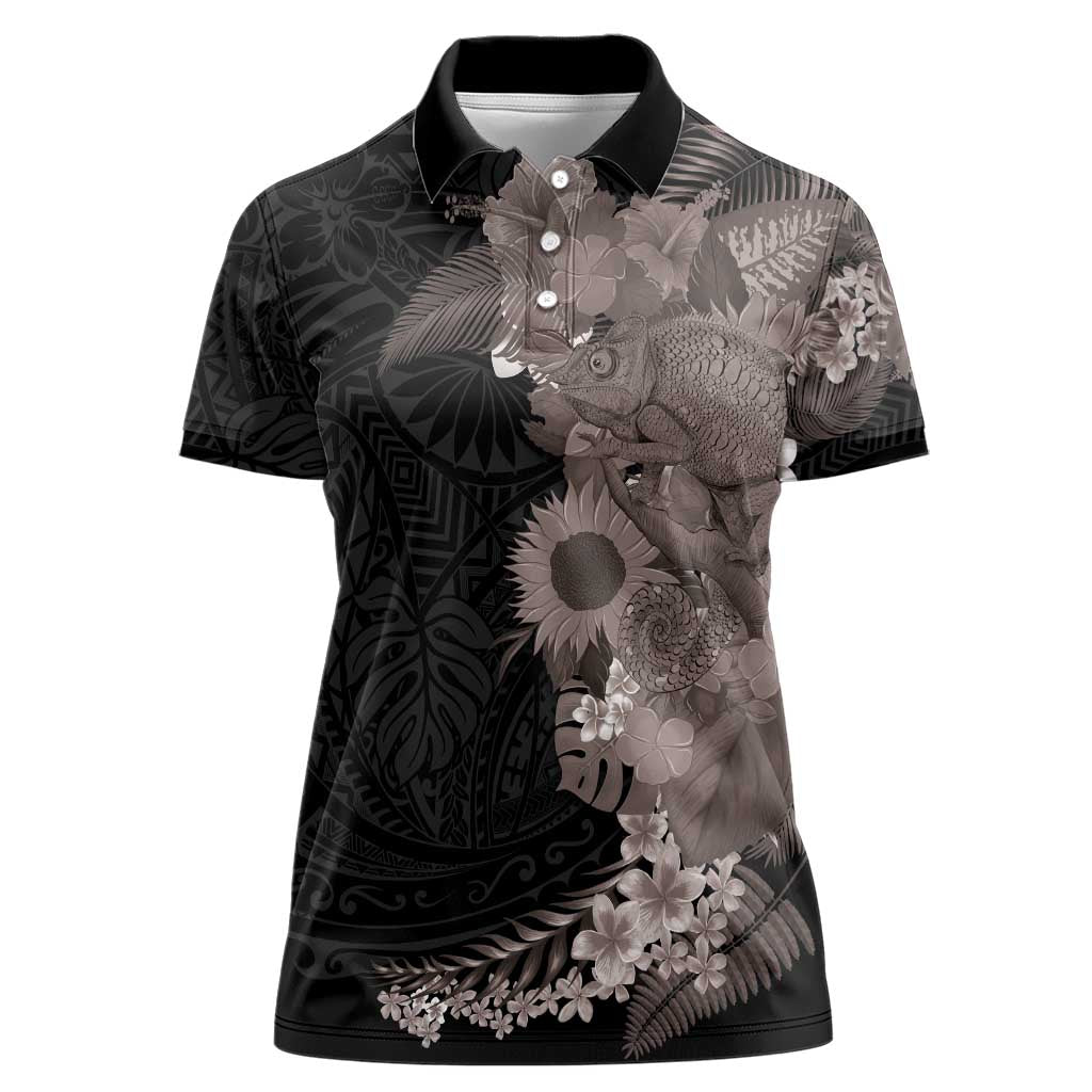 Hawaiian Tropical Plants and Chameleon Women Polo Shirt Polynesian Art Grayscale - Polynesian Pride